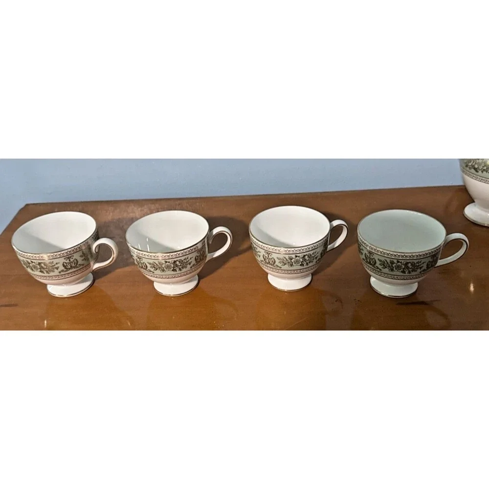 Wedgwood Gold Columbia Tea Pot Set Creamer/Sugar/4 Cups Sage Green England Mint